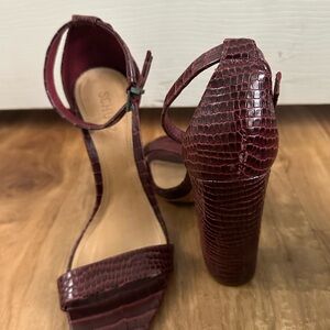 Schutz Red Wine “Enida” Crocodile Embossed Shoes - Chunky Heal